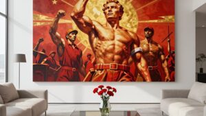 Современная гостиная с минималистичной мебелью и масштабным плакатом в стиле соцреализма от Первого Полка